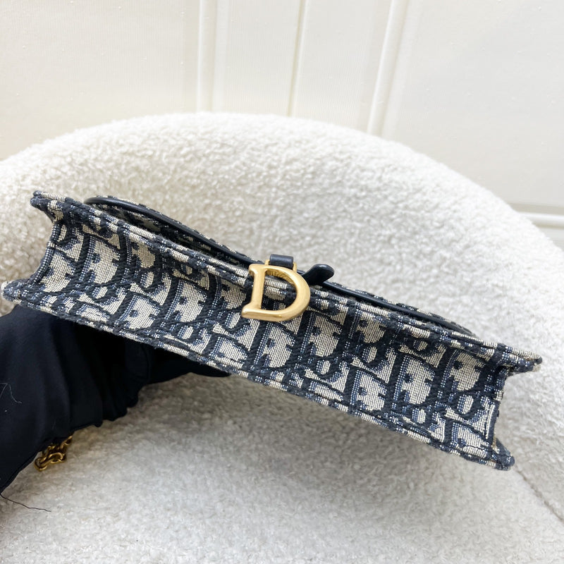 Dior Medium Saddle Pouch with Chain WOC in Blue Dior Oblique Jacquard Canvas and GHW (22cm)