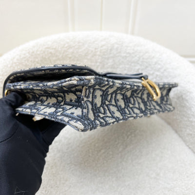 Dior Medium Saddle Pouch with Chain WOC in Blue Dior Oblique Jacquard Canvas and GHW (22cm)