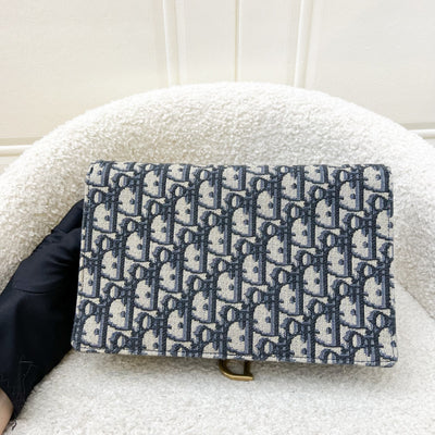 Dior Medium Saddle Pouch with Chain WOC in Blue Dior Oblique Jacquard Canvas and GHW (22cm)