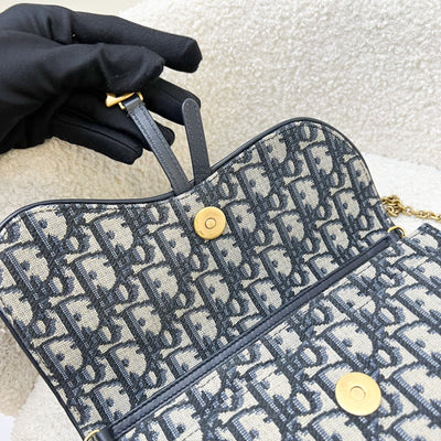 Dior Medium Saddle Pouch with Chain WOC in Blue Dior Oblique Jacquard Canvas and GHW (22cm)