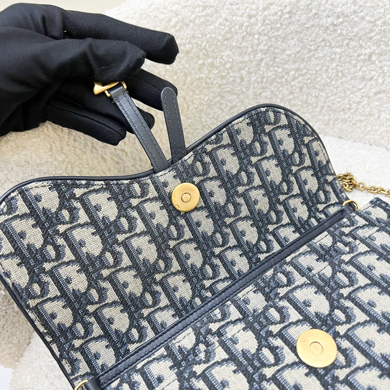 Dior Medium Saddle Pouch with Chain WOC in Blue Dior Oblique Jacquard Canvas and GHW (22cm)