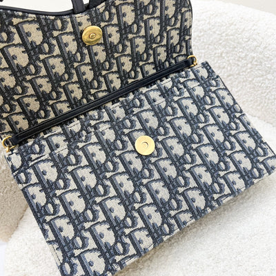 Dior Medium Saddle Pouch with Chain WOC in Blue Dior Oblique Jacquard Canvas and GHW (22cm)