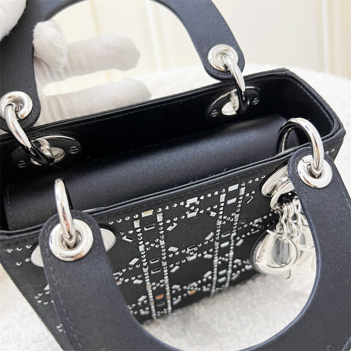 Mini lady dior bag in black cannage satin with rhinestones best sale