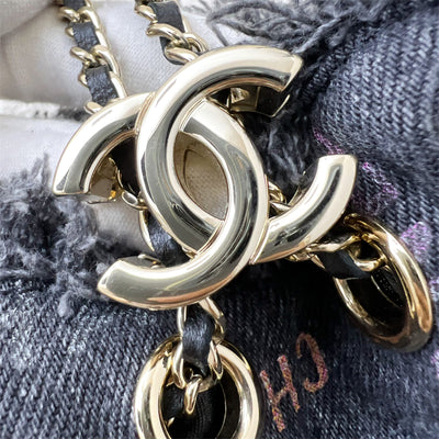 Chanel 22P Denim Mood Mini Drawstring Bucket Bag in Black Printed Denim and LGHW