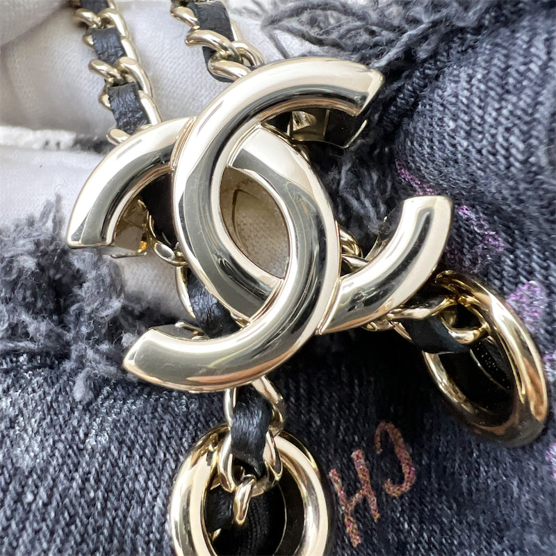 Chanel 22P Denim Mood Mini Drawstring Bucket Bag in Black Printed Denim and LGHW