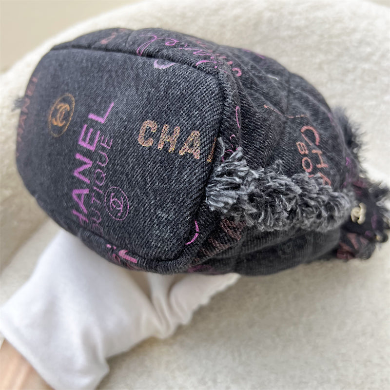Chanel 22P Denim Mood Mini Drawstring Bucket Bag in Black Printed Denim and LGHW