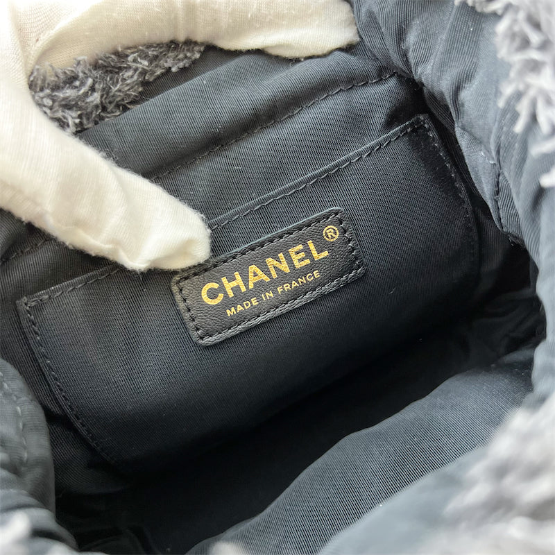 Chanel 22P Denim Mood Mini Drawstring Bucket Bag in Black Printed Denim and LGHW