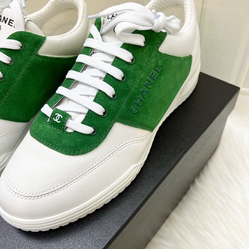 Chanel 24C Sneakers in White Calfskin and Green Suede Sz 37.5 (Model: G45470)