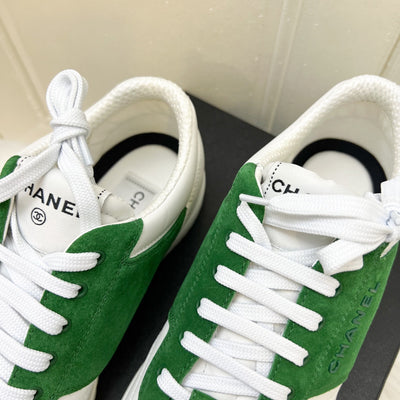 Chanel 24C Sneakers in White Calfskin and Green Suede Sz 37.5 (Model: G45470)