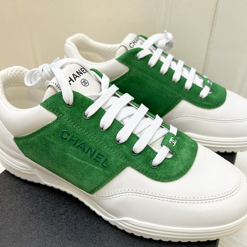 Chanel 24C Sneakers in White Calfskin and Green Suede Sz 37.5 (Model: G45470)