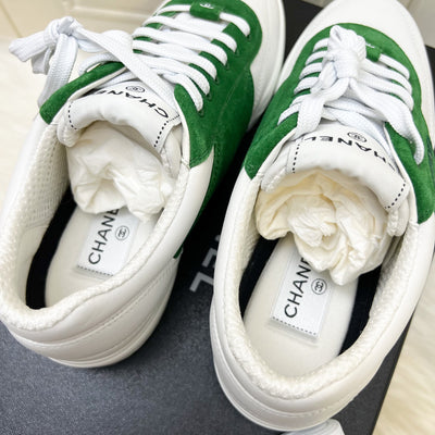 Chanel 24C Sneakers in White Calfskin and Green Suede Sz 37.5 (Model: G45470)