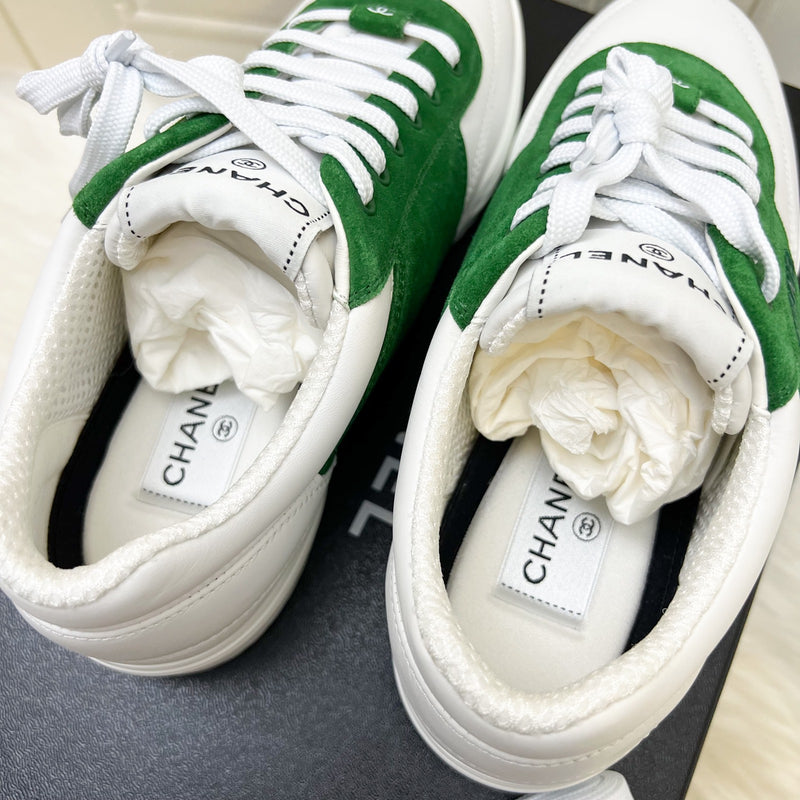 Chanel 24C Sneakers in White Calfskin and Green Suede Sz 37.5 (Model: G45470)