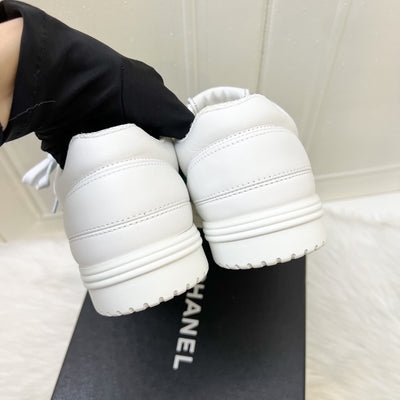 Chanel 24C Sneakers in White Calfskin and Green Suede Sz 37.5 (Model: G45470)