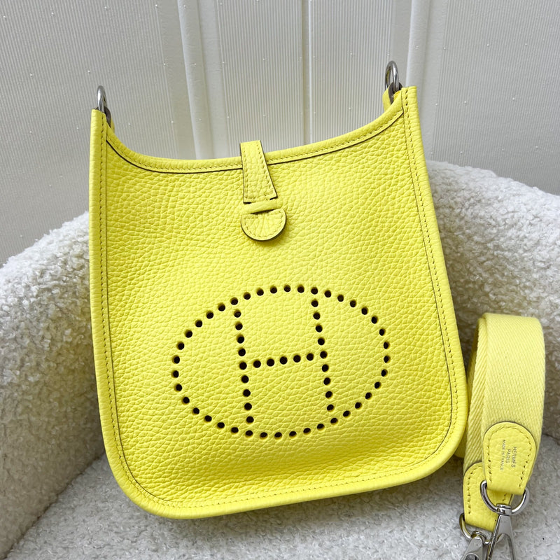 Hermes Mini Evelyne 16 in Limoncello Clemence Leather, Canvas Strap and PHW