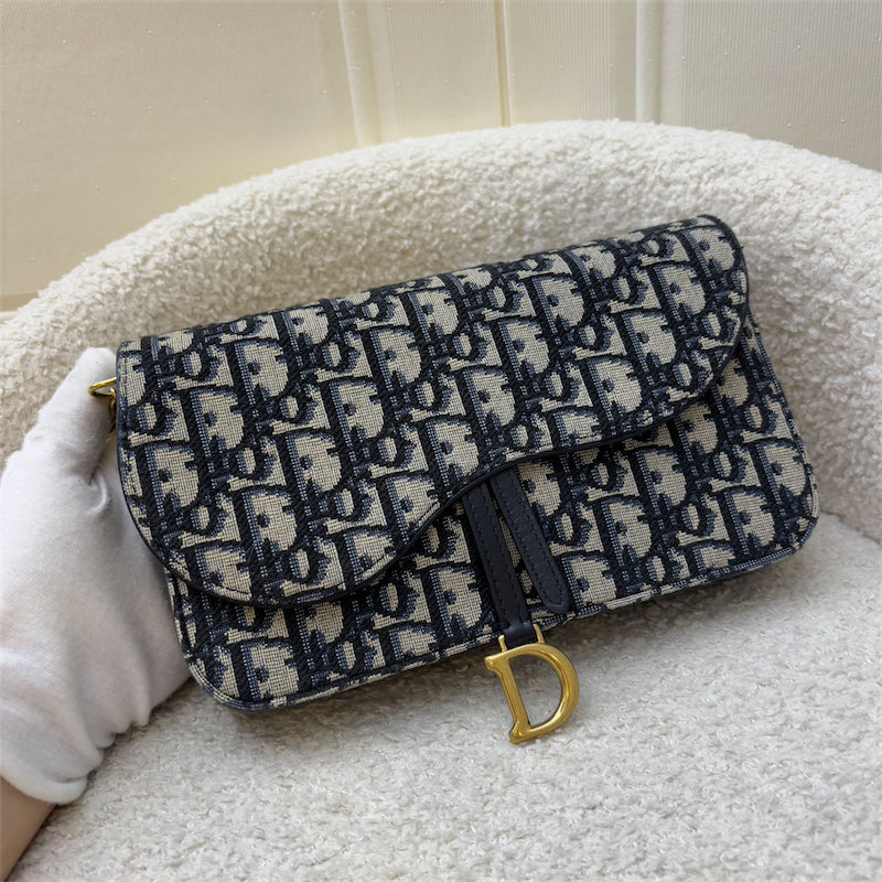 Dior Medium Saddle Pouch with Chain in Dark Blue Oblique Canvas and AGHW