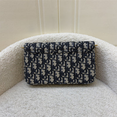 Dior Medium Saddle Pouch with Chain in Dark Blue Oblique Canvas and AGHW