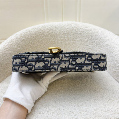 Dior Medium Saddle Pouch with Chain in Dark Blue Oblique Canvas and AGHW