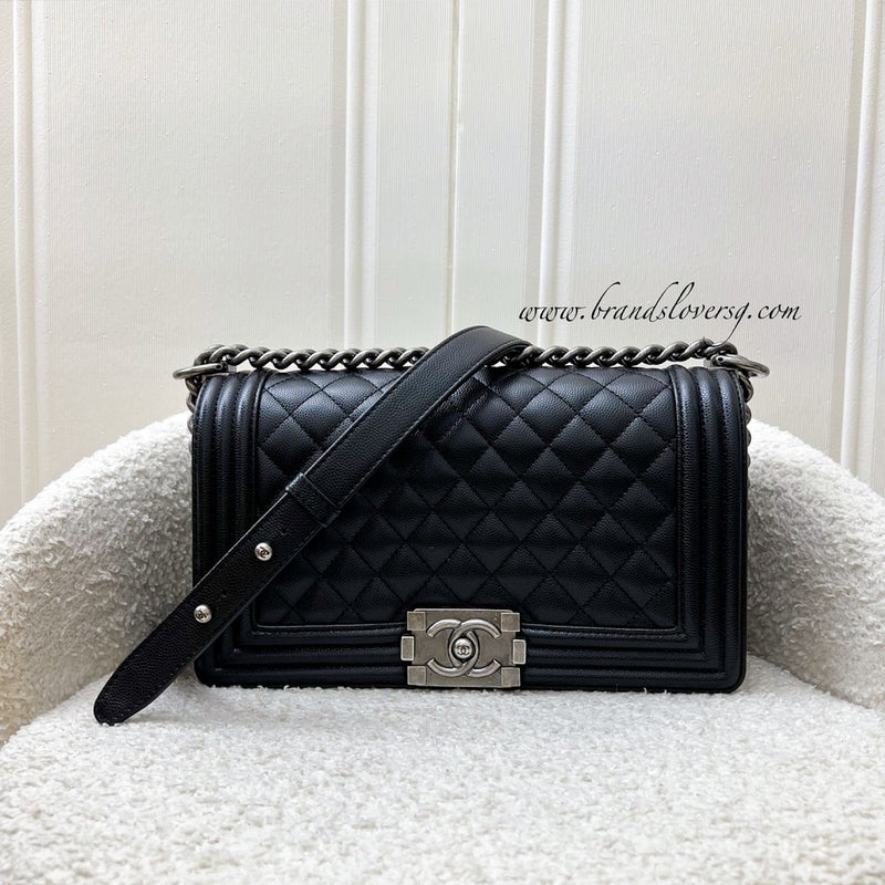 Chanel Medium 25cm Boy Flap in Black Caviar and RHW (Model: A67086)