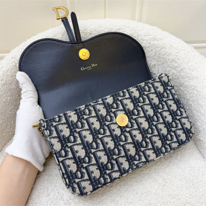 Dior Medium Saddle Pouch with Chain in Dark Blue Oblique Canvas and AGHW