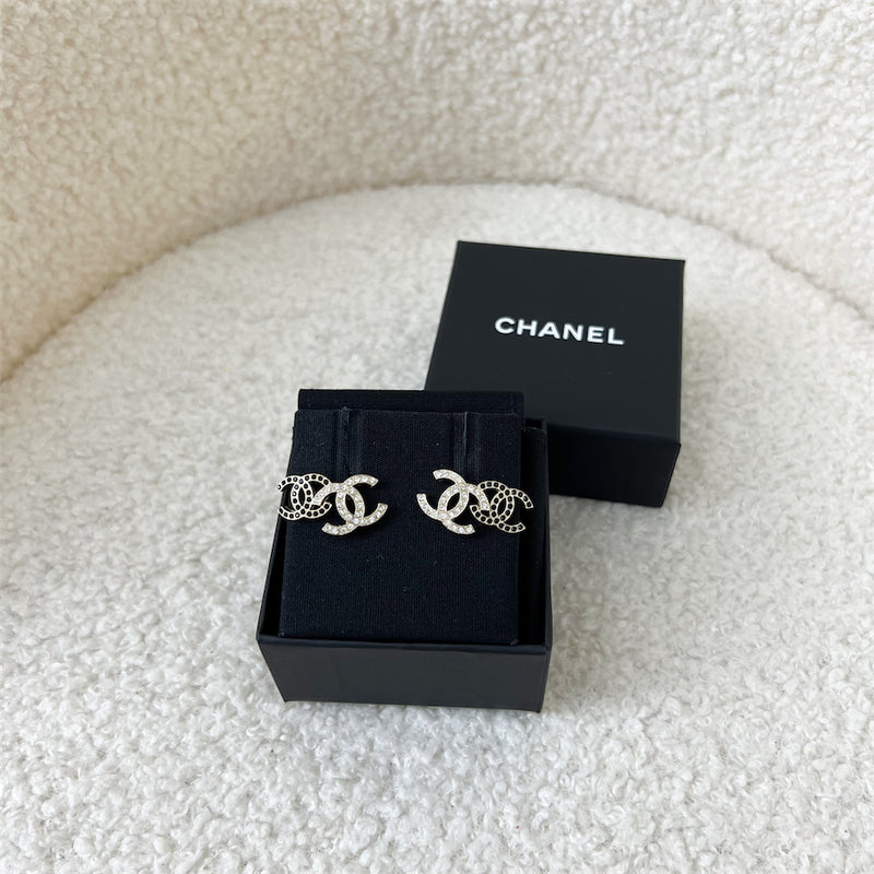 Chanel 22B Double CC Logo Earrings with Black and White Crystals