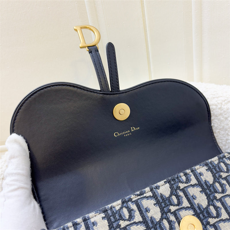 Dior Medium Saddle Pouch with Chain in Dark Blue Oblique Canvas and AGHW