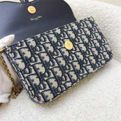 Dior Medium Saddle Pouch with Chain in Dark Blue Oblique Canvas and AGHW