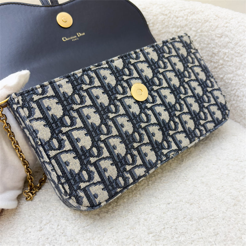 Dior Medium Saddle Pouch with Chain in Dark Blue Oblique Canvas and AGHW