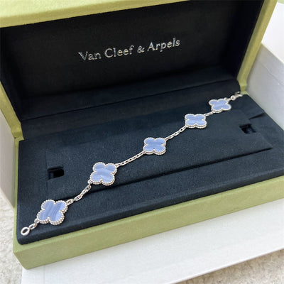 Van Cleef & Arpels VCA 5 Motif Vintage Alhambra Bracelet in Chalcedony and 18K White Gold