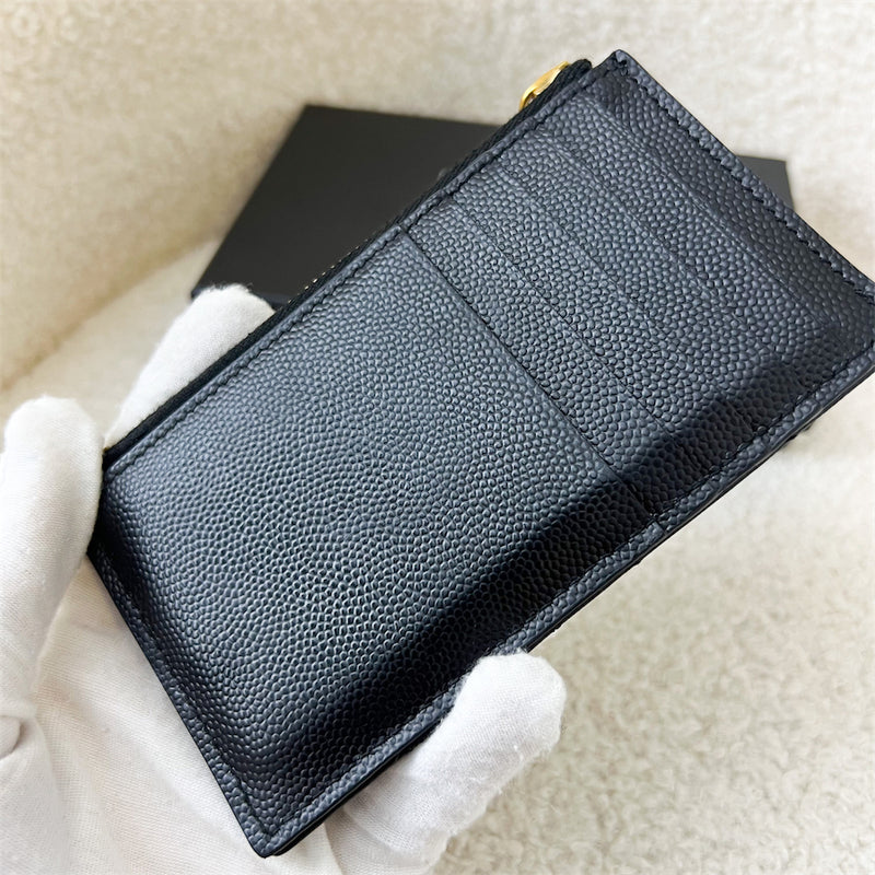 Saint Laurent Matelasse Zipped Fragment Card Case in Black Grained Leather GHW