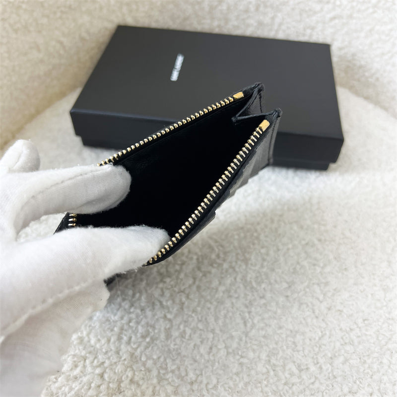 Saint Laurent Matelasse Zipped Fragment Card Case in Black Grained Leather GHW