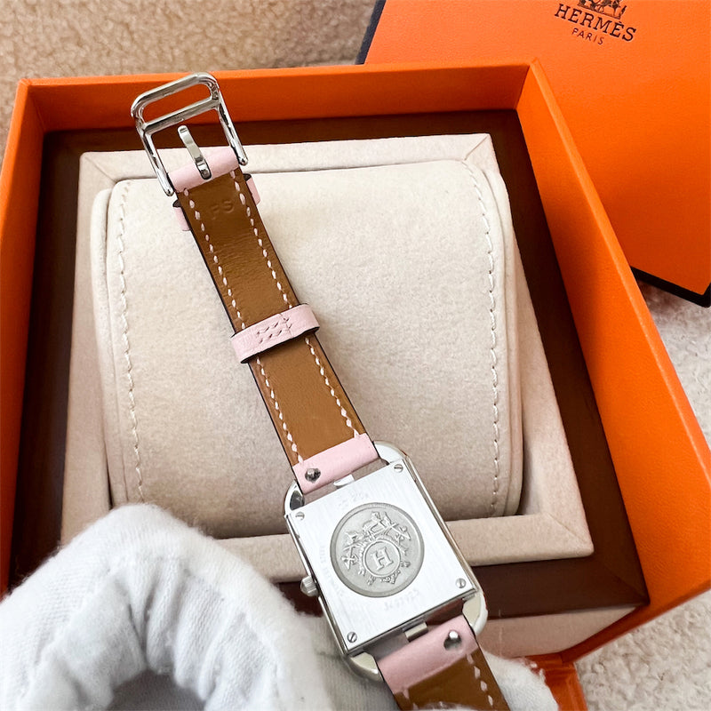 Hermes Cape Cod PM Watch with 8 Diamond Markers and Rose Sakura Swift Leather