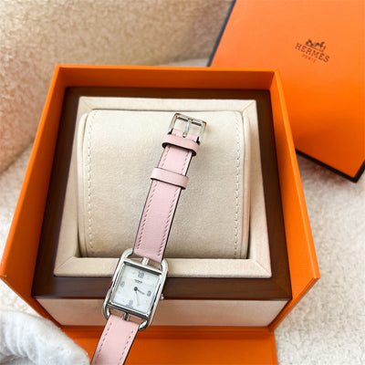 Hermes Cape Cod PM Watch with 8 Diamond Markers and Rose Sakura Swift Leather