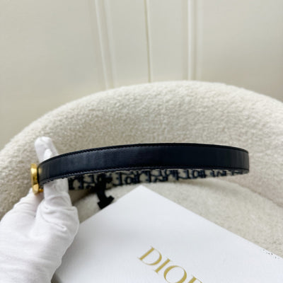 Dior 30 Montaigne Reversible Women Belt in Blue Smooth Calfskin / Dior Oblique Canvas and GHW