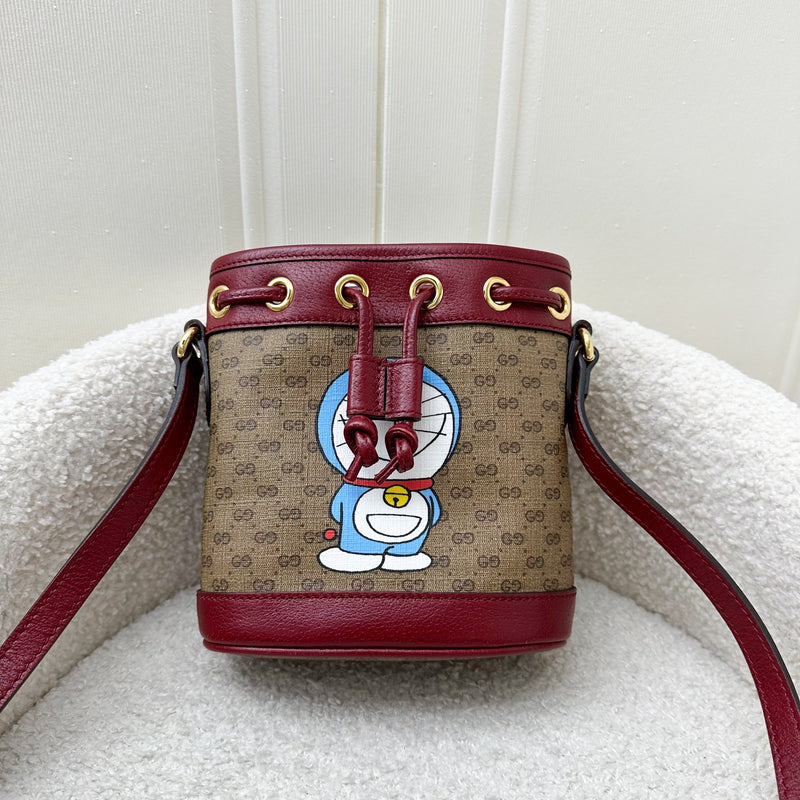 Gucci x Doraemon Small Bucket Bag in Signature Canvas, Red Calfskin and GHW