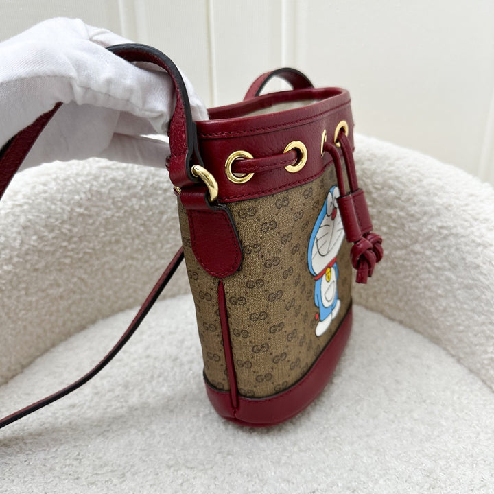 Gucci x Doraemon Small Bucket Bag in Signature Canvas, Red