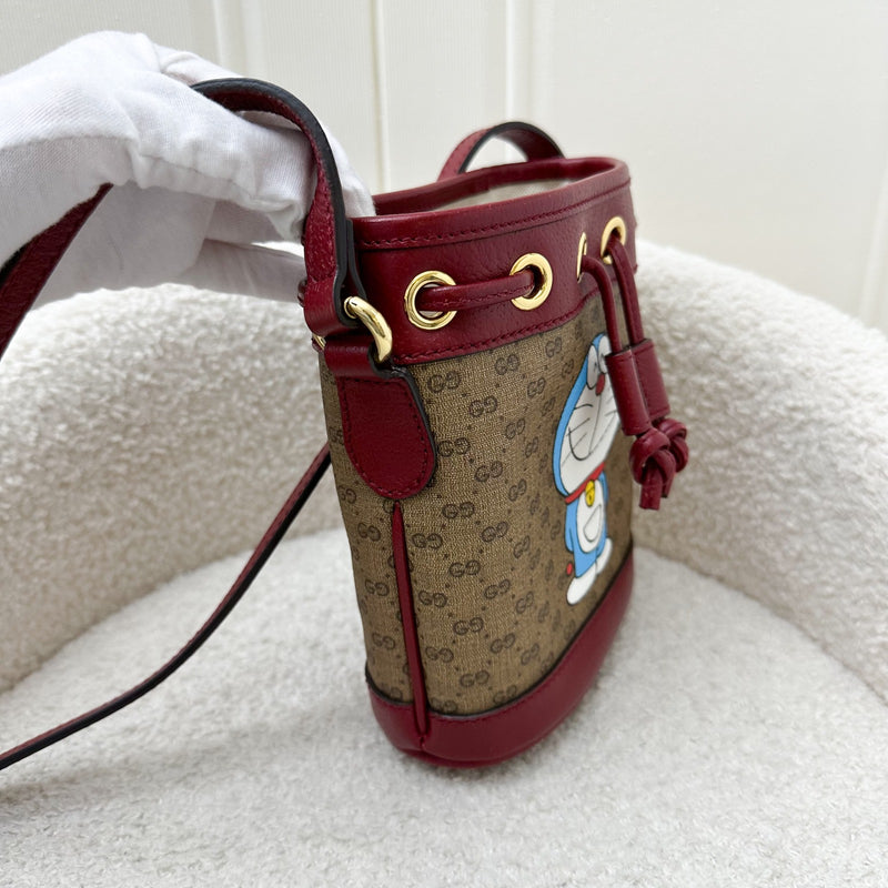 Gucci x Doraemon Small Bucket Bag in Signature Canvas, Red Calfskin and GHW