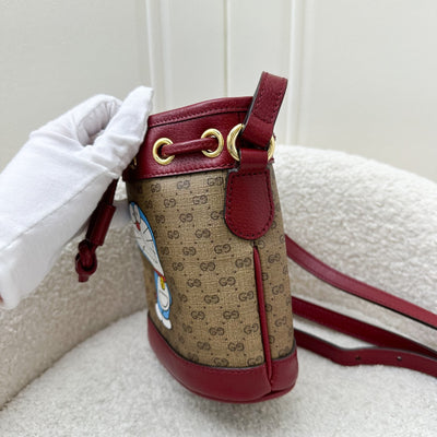 Gucci x Doraemon Small Bucket Bag in Signature Canvas, Red Calfskin and GHW