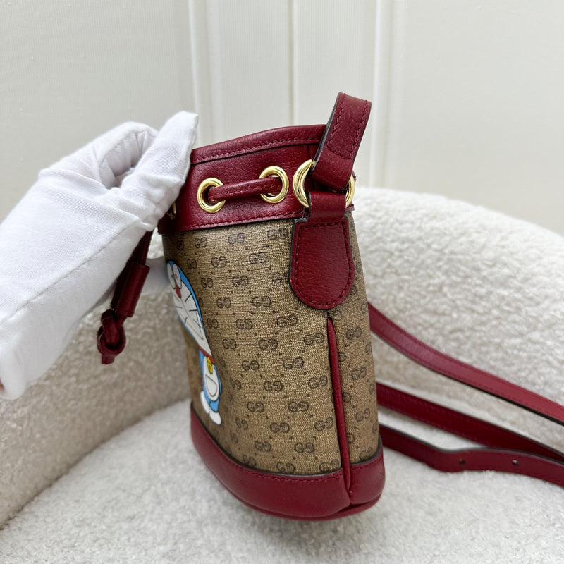 Gucci x Doraemon Small Bucket Bag in Signature Canvas, Red Calfskin and GHW