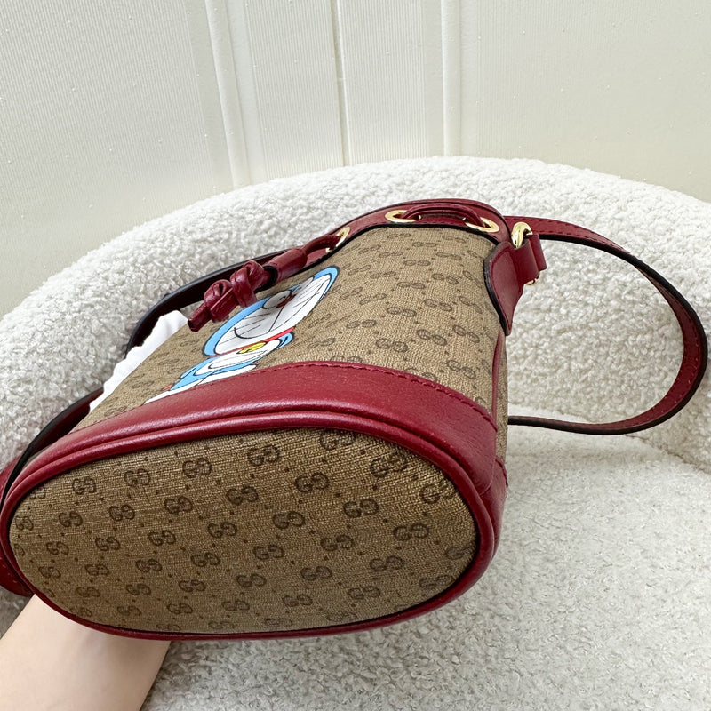 Gucci x Doraemon Small Bucket Bag in Signature Canvas, Red Calfskin and GHW