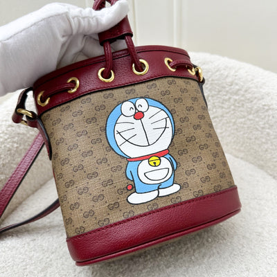 Gucci x Doraemon Small Bucket Bag in Signature Canvas, Red Calfskin and GHW