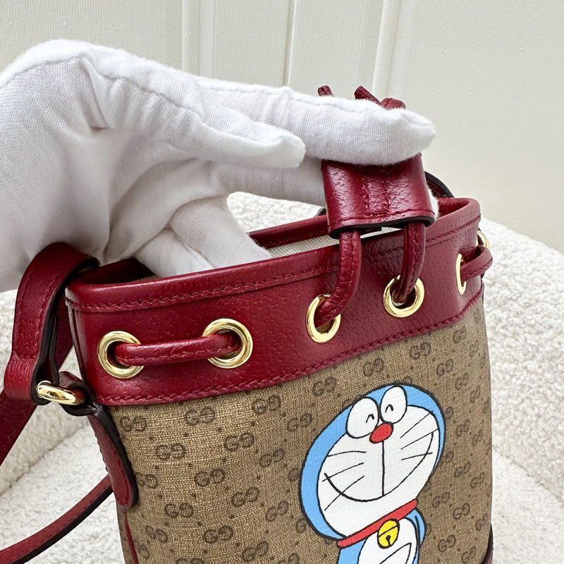 Gucci x Doraemon Small Bucket Bag in Signature Canvas, Red Calfskin and GHW