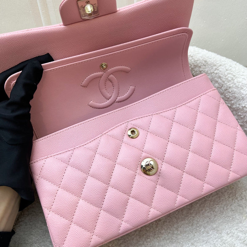 Chanel Small Classic Flap CF in 22C Sakura Pink Caviar and LGHW (Model: A01113)