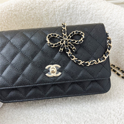 Chanel 23S Ribbon Chain Wallet on Chain WOC in Black Caviar LGHW