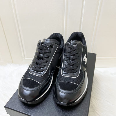 Chanel 25K Sneakers in Black Mixed Fibers and Shiny Calfskin with White Logo and Trimmings Sz 38.5 (Model: G46871)