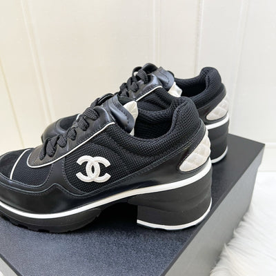 Chanel 25K Sneakers in Black Mixed Fibers and Shiny Calfskin with White Logo and Trimmings Sz 38.5 (Model: G46871)