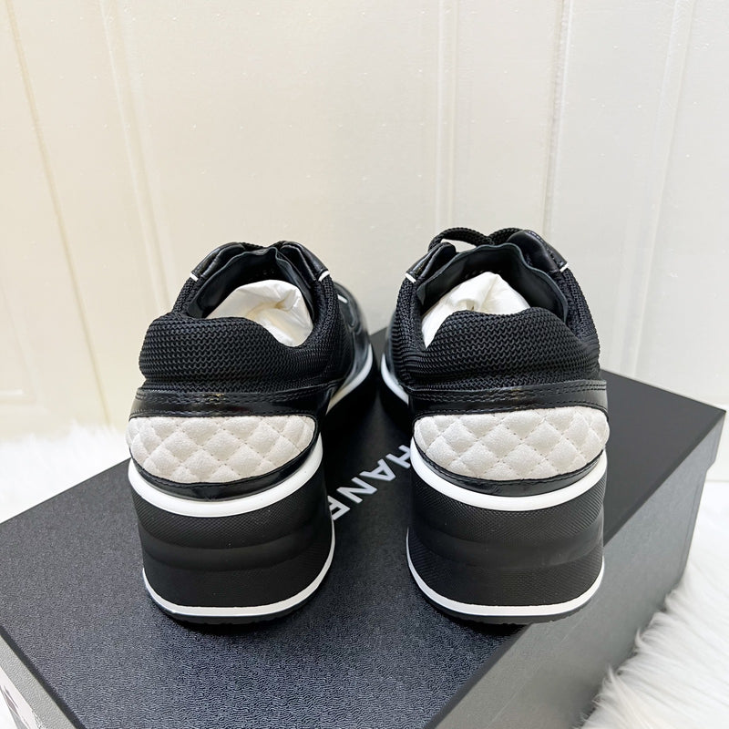 Chanel 25K Sneakers in Black Mixed Fibers and Shiny Calfskin with White Logo and Trimmings Sz 38.5 (Model: G46871)