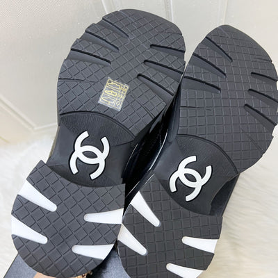 Chanel 25K Sneakers in Black Mixed Fibers and Shiny Calfskin with White Logo and Trimmings Sz 38.5 (Model: G46871)