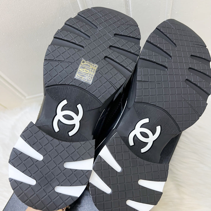 Chanel 25K Sneakers in Black Mixed Fibers and Shiny Calfskin with White Logo and Trimmings Sz 38.5 (Model: G46871)