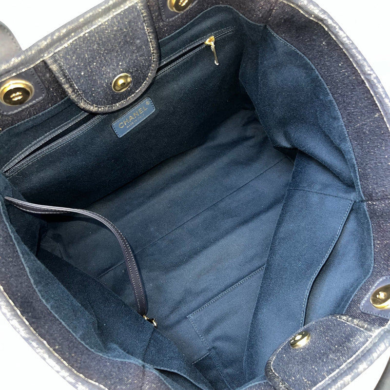 Chanel Large Deauville Tote in Navy Fabric, Glittery Threading and LGHW (Model: A66941)