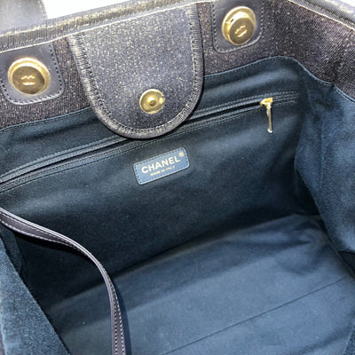 Chanel Large Deauville Tote in Navy Fabric, Glittery Threading and LGHW (Model: A66941)